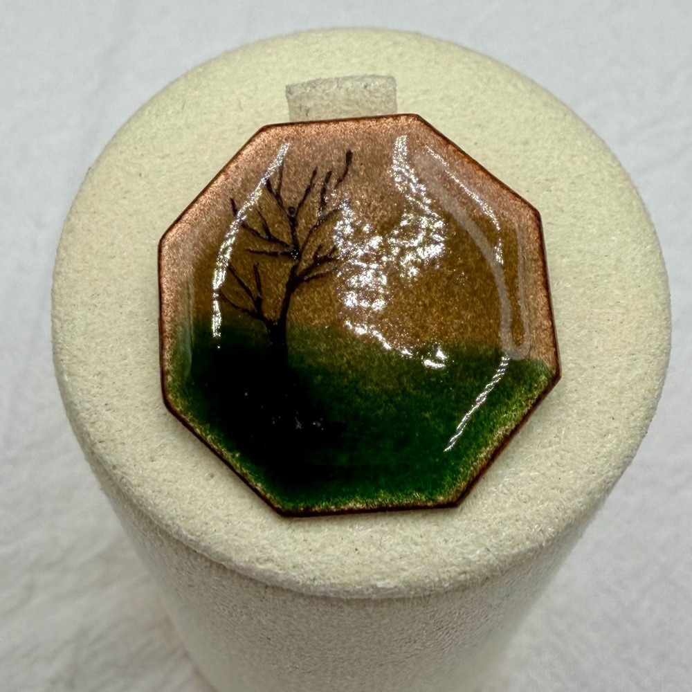 Vintage Enamel Cooper Brooch Tree Scenery